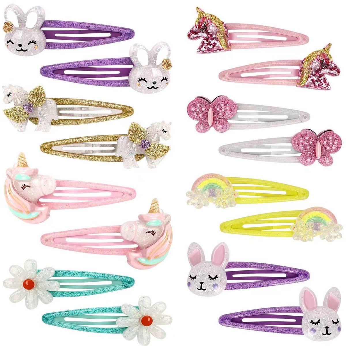 Wingchold 16-Piece Unicorn, Butterfly, Flower, Rabbit Hair Clips Set - Sparkly Rainbow Hair Accessories for Toddlers & Kids, Party Favors & Birthday Gifts - görsel 1