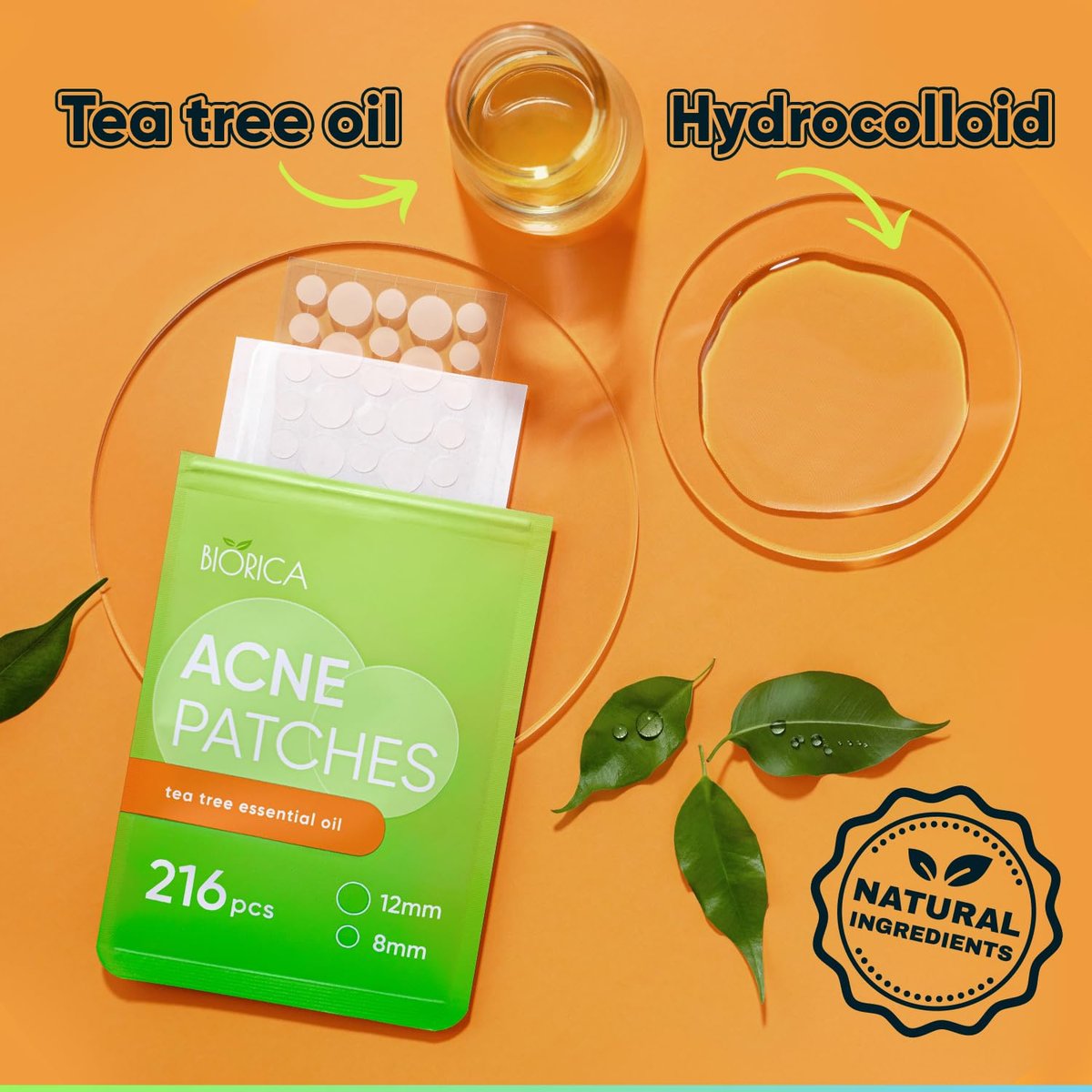 BIORICA Pimple Patches with Tea Tree Oil - 216 Hydrocolloid Acne Patches for Face, Blemish Dots, Pimple Stickers - görsel 9