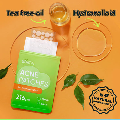 BIORICA Pimple Patches with Tea Tree Oil - 216 Hydrocolloid Acne Patches for Face, Blemish Dots, Pimple Stickers