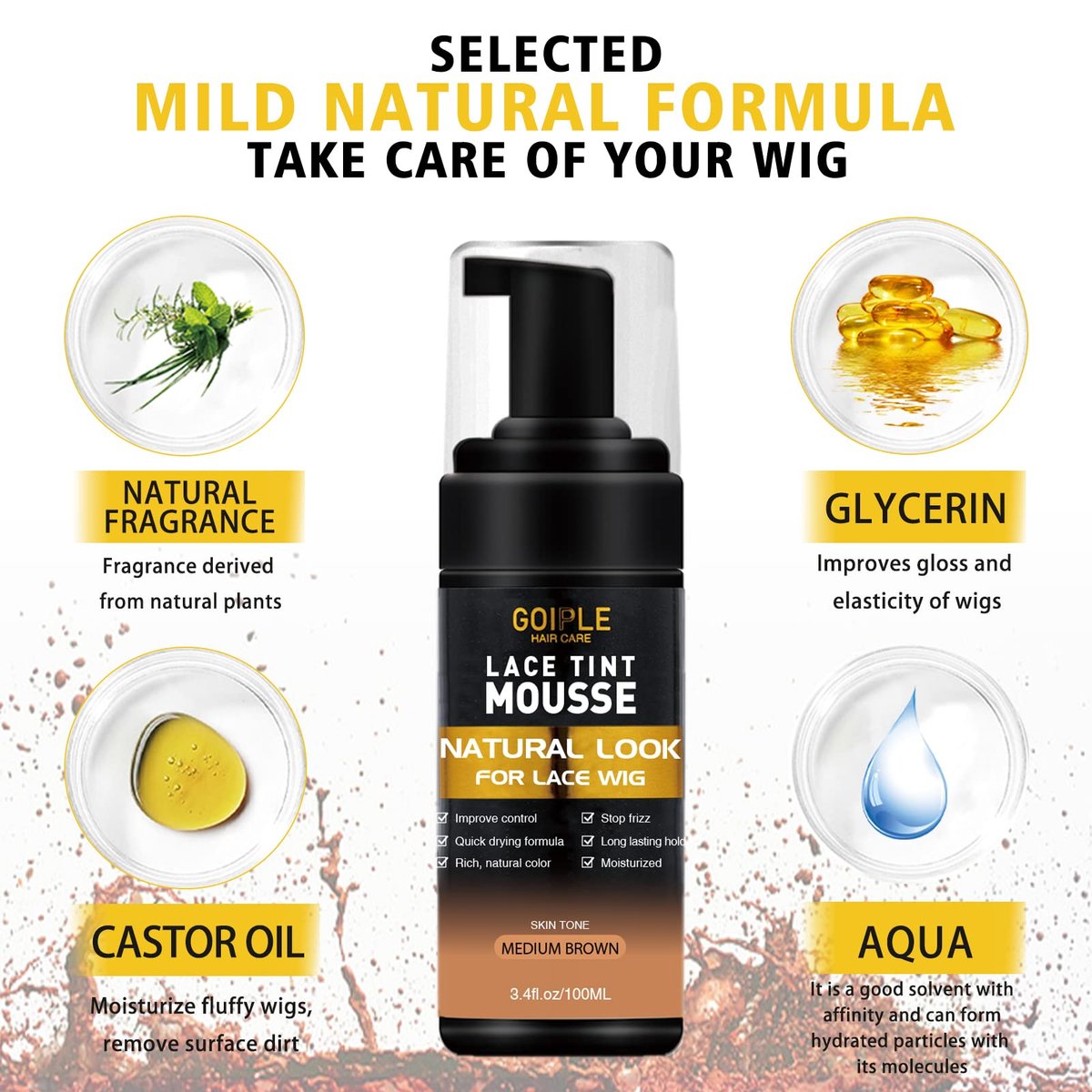Melting Lace Lace Tint Mousse for Women - Natural Finishing Color on Wigs, Toupees, and Hairpieces - Wig Glue Tool Set (Mocha- Medium Brown) Avelisse