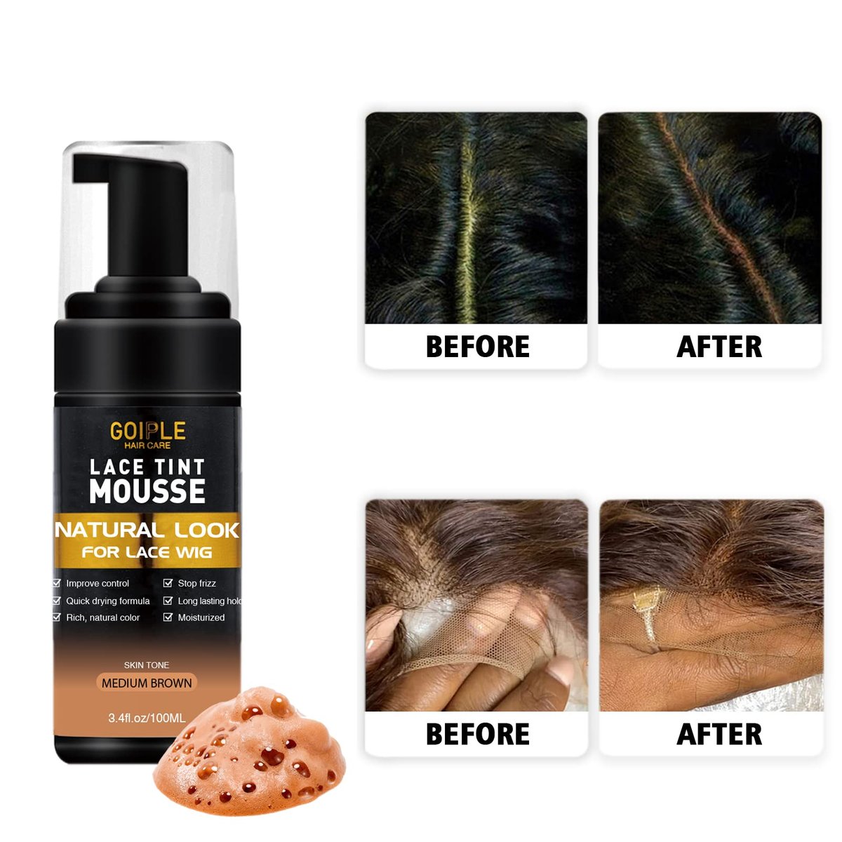 Melting Lace Lace Tint Mousse for Women - Natural Finishing Color on Wigs, Toupees, and Hairpieces - Wig Glue Tool Set (Mocha- Medium Brown) Avelisse