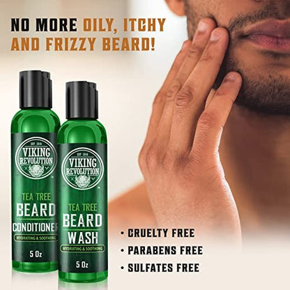 Viking Revolution Tea Tree Beard Wash and Conditioner Set for Men – Natural Beard Softener with Argan Oil, Vitamin E and Ginseng (5 Oz Each) Avelisse