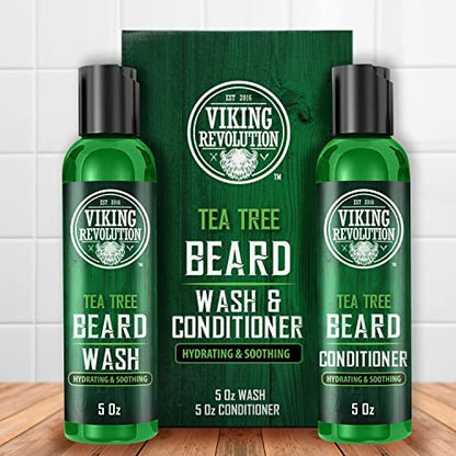 Viking Revolution Tea Tree Beard Wash and Conditioner Set for Men – Natural Beard Softener with Argan Oil, Vitamin E and Ginseng (5 Oz Each) Avelisse