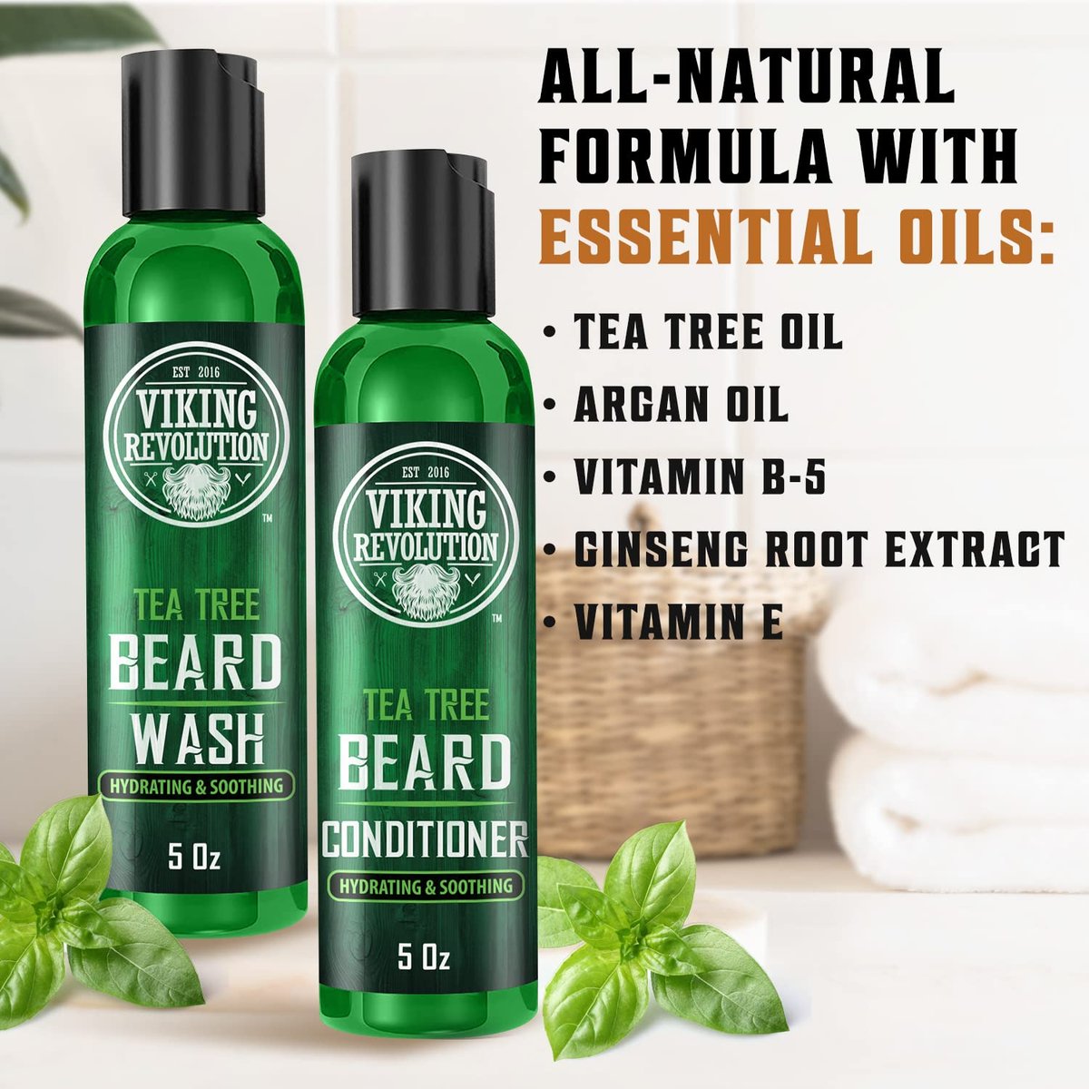 Viking Revolution Tea Tree Beard Wash and Conditioner Set for Men – Natural Beard Softener with Argan Oil, Vitamin E and Ginseng (5 Oz Each) Avelisse