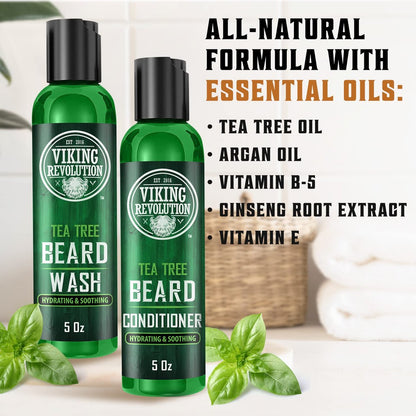 Viking Revolution Tea Tree Beard Wash and Conditioner Set for Men – Natural Beard Softener with Argan Oil, Vitamin E and Ginseng (5 Oz Each) Avelisse