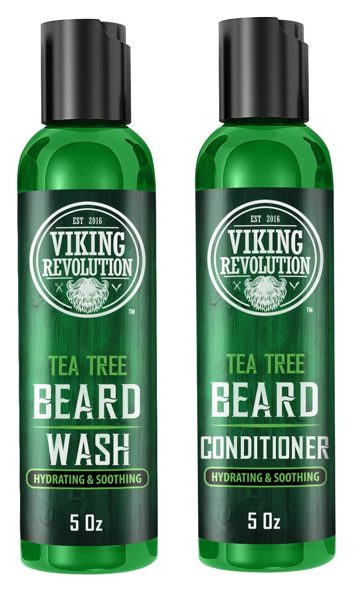 Viking Revolution Tea Tree Beard Wash and Conditioner Set for Men – Natural Beard Softener with Argan Oil, Vitamin E and Ginseng (5 Oz Each) Avelisse