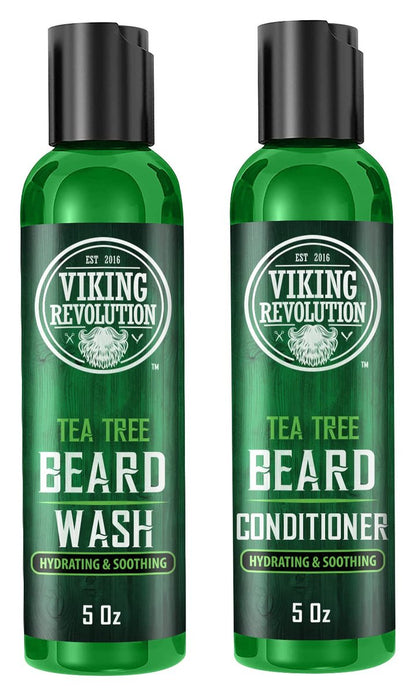 Viking Revolution Tea Tree Beard Wash and Conditioner Set for Men – Natural Beard Softener with Argan Oil, Vitamin E and Ginseng (5 Oz Each) Avelisse