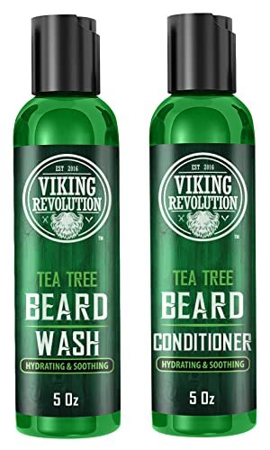 Viking Revolution Tea Tree Beard Wash and Conditioner Set for Men – Natural Beard Softener with Argan Oil, Vitamin E and Ginseng (5 Oz Each) Avelisse