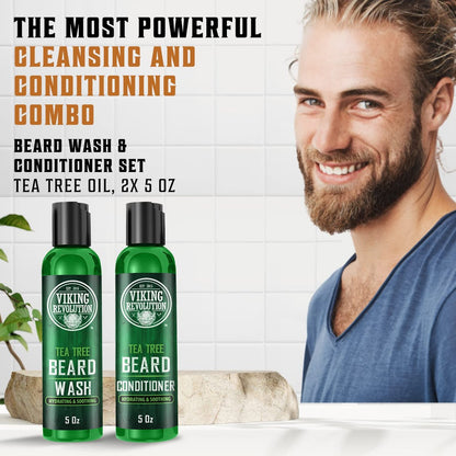 Viking Revolution Tea Tree Beard Wash and Conditioner Set for Men – Natural Beard Softener with Argan Oil, Vitamin E and Ginseng (5 Oz Each) Avelisse