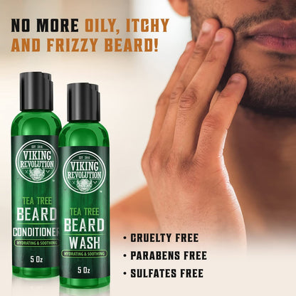 Viking Revolution Tea Tree Beard Wash and Conditioner Set for Men – Natural Beard Softener with Argan Oil, Vitamin E and Ginseng (5 Oz Each) Avelisse