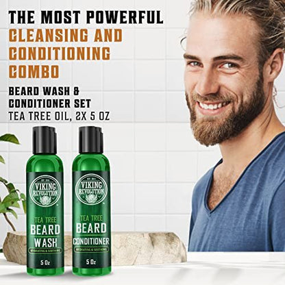 Viking Revolution Tea Tree Beard Wash and Conditioner Set for Men – Natural Beard Softener with Argan Oil, Vitamin E and Ginseng (5 Oz Each) Avelisse
