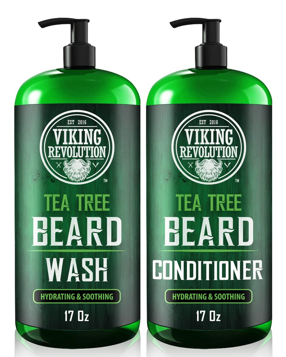 Viking Revolution Tea Tree Oil Beard Wash and Conditioner for Men - Natural Beard Softener Set with Argan Oil, Vitamin E and Ginseng - Beard Shampoo and Conditioner Set (17 Oz) Avelisse