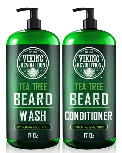Viking Revolution Tea Tree Oil Beard Wash and Conditioner for Men - Natural Beard Softener Set with Argan Oil, Vitamin E and Ginseng - Beard Shampoo and Conditioner Set (17 Oz) Avelisse
