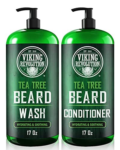 Viking Revolution Tea Tree Oil Beard Wash and Conditioner for Men - Natural Beard Softener Set with Argan Oil, Vitamin E and Ginseng - Beard Shampoo and Conditioner Set (17 Oz) Avelisse