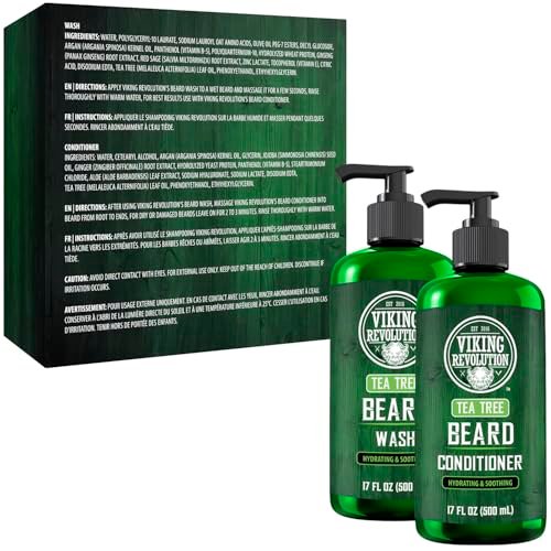 Viking Revolution Tea Tree Oil Beard Wash and Conditioner for Men - Natural Beard Softener Set with Argan Oil, Vitamin E and Ginseng - Beard Shampoo and Conditioner Set (17 Oz) Avelisse