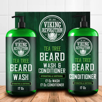 Viking Revolution Tea Tree Oil Beard Wash and Conditioner for Men - Natural Beard Softener Set with Argan Oil, Vitamin E and Ginseng - Beard Shampoo and Conditioner Set (17 Oz) Avelisse