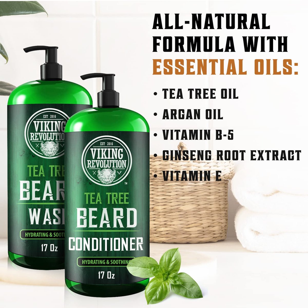 Viking Revolution Tea Tree Oil Beard Wash and Conditioner for Men - Natural Beard Softener Set with Argan Oil, Vitamin E and Ginseng - Beard Shampoo and Conditioner Set (17 Oz) Avelisse