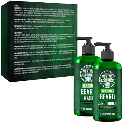 Viking Revolution Tea Tree Oil Beard Wash and Conditioner for Men - Natural Beard Softener Set with Argan Oil, Vitamin E and Ginseng - Beard Shampoo and Conditioner Set (17 Oz) Avelisse