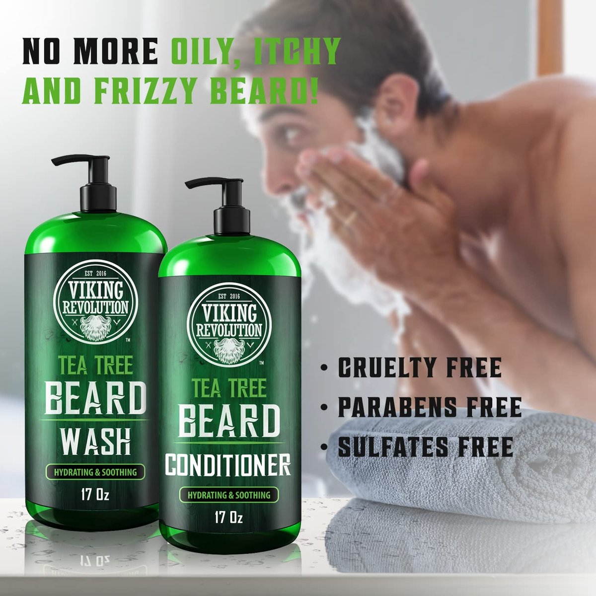 Viking Revolution Tea Tree Oil Beard Wash and Conditioner for Men - Natural Beard Softener Set with Argan Oil, Vitamin E and Ginseng - Beard Shampoo and Conditioner Set (17 Oz) Avelisse