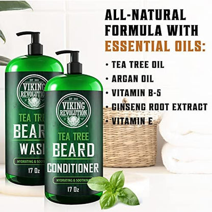 Viking Revolution Tea Tree Oil Beard Wash and Conditioner for Men - Natural Beard Softener Set with Argan Oil, Vitamin E and Ginseng - Beard Shampoo and Conditioner Set (17 Oz) Avelisse