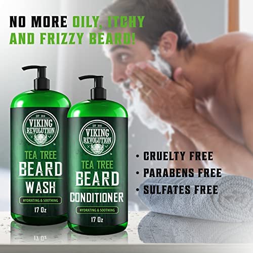 Viking Revolution Tea Tree Oil Beard Wash and Conditioner for Men - Natural Beard Softener Set with Argan Oil, Vitamin E and Ginseng - Beard Shampoo and Conditioner Set (17 Oz) Avelisse