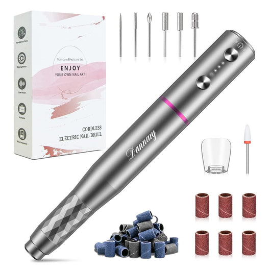 DANNARY Rechargeable Cordless Electric Nail Drill Machine - Professional Efile for Acrylic Gel Dip Nails, Manicure & Pedicure Kit with Bits, Grey