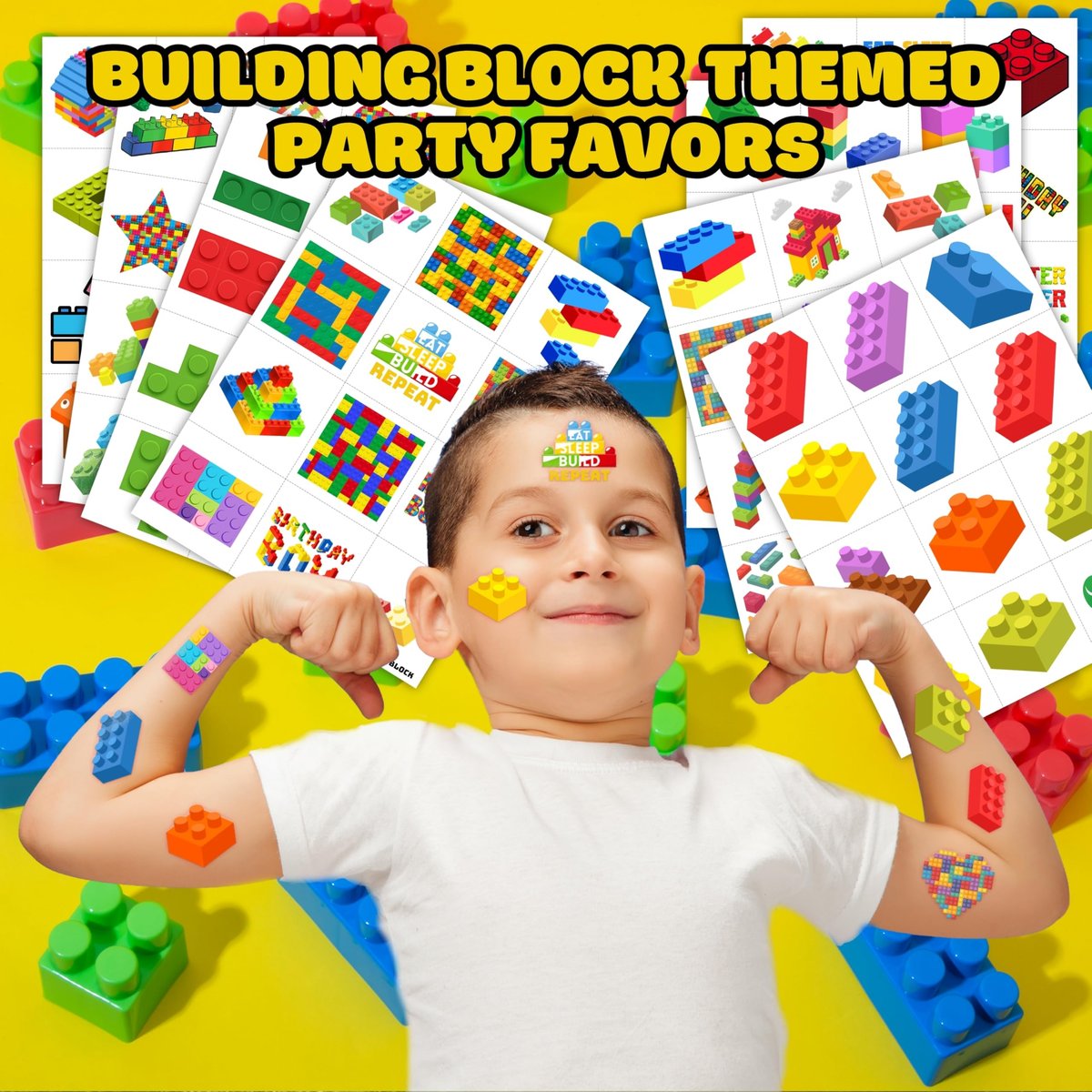 96PCS Building Block Pre-Cut Temporary Tattoos - Cute Party Favors for Kids, Boys & Girls | Birthday Party Supplies, Decorations, Stickers, Gifts, Classroom & School Prizes (Green, Normal) - görsel 3