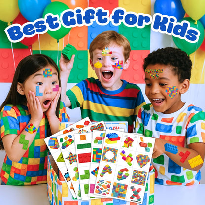 96PCS Building Block Pre-Cut Temporary Tattoos - Cute Party Favors for Kids, Boys & Girls | Birthday Party Supplies, Decorations, Stickers, Gifts, Classroom & School Prizes (Green, Normal)