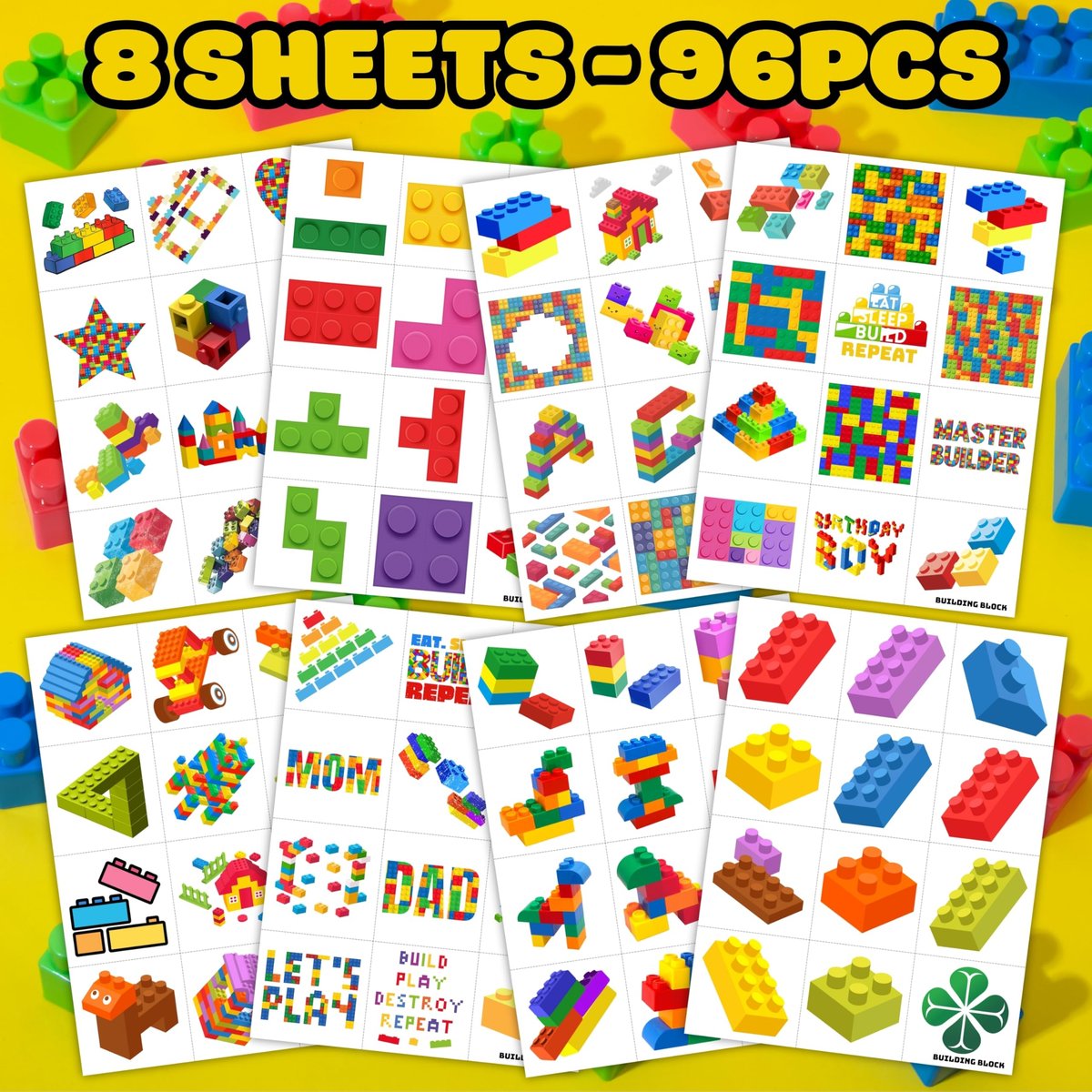 96PCS Building Block Pre-Cut Temporary Tattoos - Cute Party Favors for Kids, Boys & Girls | Birthday Party Supplies, Decorations, Stickers, Gifts, Classroom & School Prizes (Green, Normal) - görsel 7