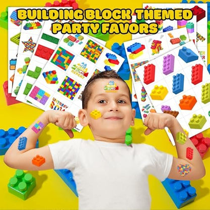 96PCS Building Block Pre-Cut Temporary Tattoos - Cute Party Favors for Kids, Boys & Girls | Birthday Party Supplies, Decorations, Stickers, Gifts, Classroom & School Prizes (Green, Normal)