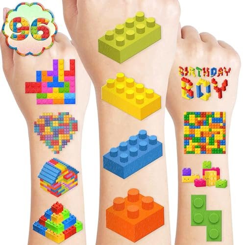 96PCS Building Block Pre-Cut Temporary Tattoos - Cute Party Favors for Kids, Boys & Girls | Birthday Party Supplies, Decorations, Stickers, Gifts, Classroom & School Prizes (Green, Normal) - görsel 2