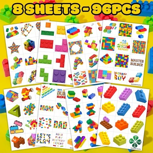96PCS Building Block Pre-Cut Temporary Tattoos - Cute Party Favors for Kids, Boys & Girls | Birthday Party Supplies, Decorations, Stickers, Gifts, Classroom & School Prizes (Green, Normal) - görsel 8