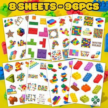 96PCS Building Block Pre-Cut Temporary Tattoos - Cute Party Favors for Kids, Boys & Girls | Birthday Party Supplies, Decorations, Stickers, Gifts, Classroom & School Prizes (Green, Normal)