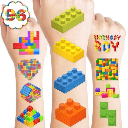 96PCS Building Block Pre-Cut Temporary Tattoos - Cute Party Favors for Kids, Boys & Girls | Birthday Party Supplies, Decorations, Stickers, Gifts, Classroom & School Prizes (Green, Normal) - görsel 18