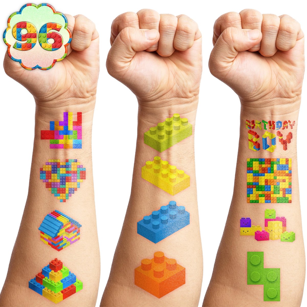 96PCS Building Block Pre-Cut Temporary Tattoos - Cute Party Favors for Kids, Boys & Girls | Birthday Party Supplies, Decorations, Stickers, Gifts, Classroom & School Prizes (Green, Normal) - görsel 11
