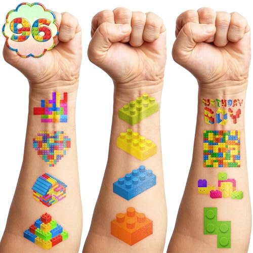 96PCS Building Block Pre-Cut Temporary Tattoos - Cute Party Favors for Kids, Boys & Girls | Birthday Party Supplies, Decorations, Stickers, Gifts, Classroom & School Prizes (Green, Normal) - görsel 12