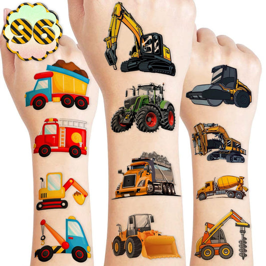 Construction Temporary Tattoos for Kids - 96PCS Vehicle Excavator Bulldozer Stickers Party Favors, Birthday Supplies, Classroom Prizes