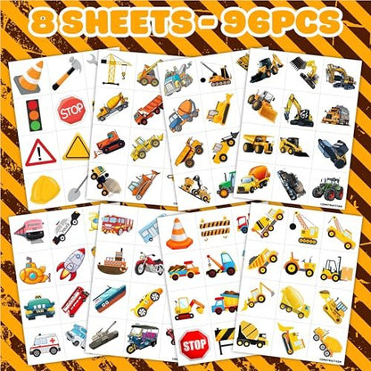 Construction Temporary Tattoos for Kids - 96PCS Vehicle Excavator Bulldozer Stickers Party Favors, Birthday Supplies, Classroom Prizes