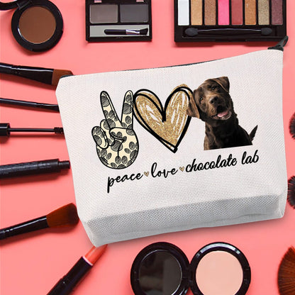 LEVLO Cosmetic Makeup Bag - Peace Chocolate Lab Canvas Zipper Pouch for Dog Lovers