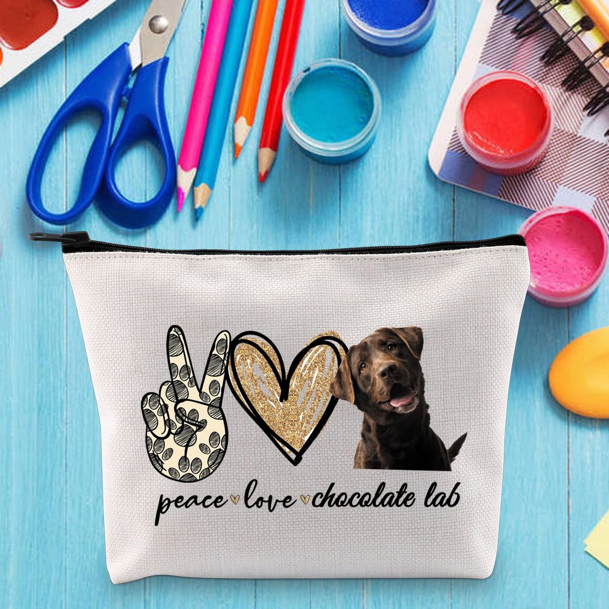 LEVLO Cosmetic Makeup Bag - Peace Chocolate Lab Canvas Zipper Pouch for Dog Lovers - görsel 7