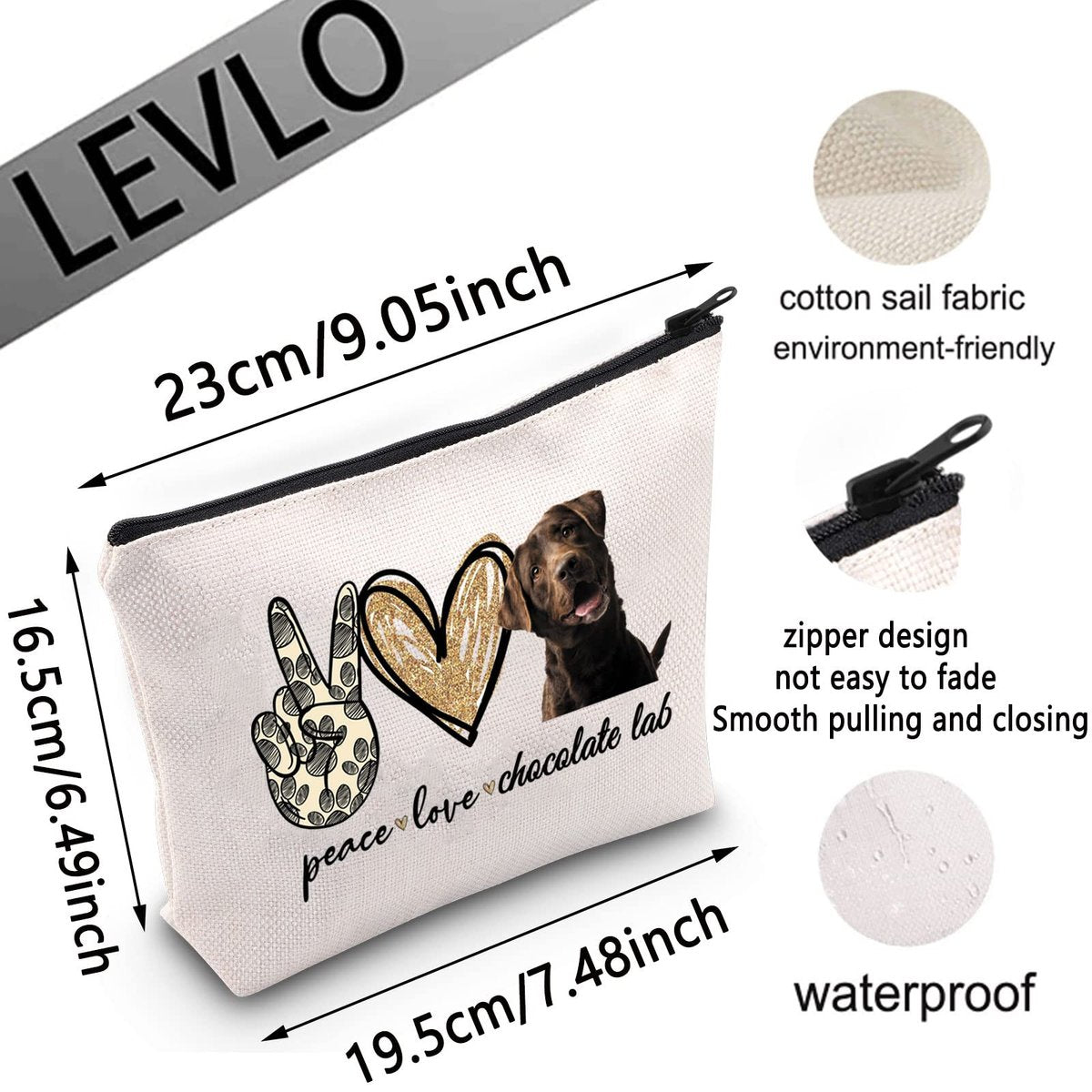LEVLO Cosmetic Makeup Bag - Peace Chocolate Lab Canvas Zipper Pouch for Dog Lovers - görsel 3