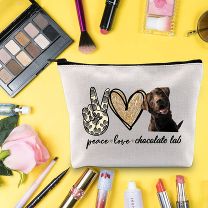 LEVLO Cosmetic Makeup Bag - Peace Chocolate Lab Canvas Zipper Pouch for Dog Lovers