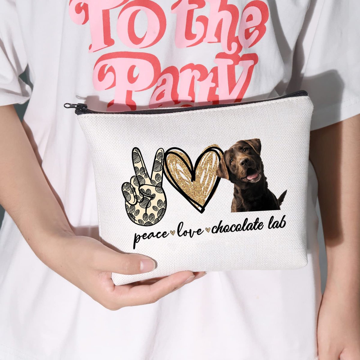 LEVLO Cosmetic Makeup Bag - Peace Chocolate Lab Canvas Zipper Pouch for Dog Lovers - görsel 5