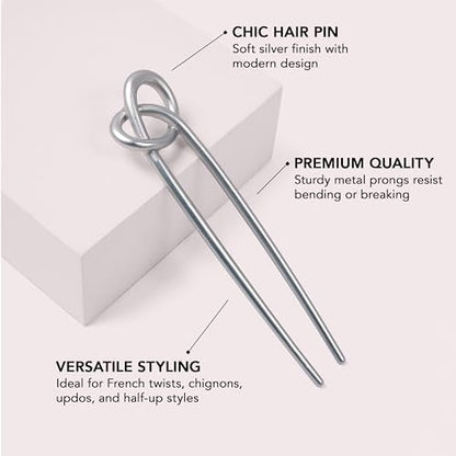 The Hair Edit Knotted Chignon French Hair Pin – Elegant Soft Silver Metal Hair Accessory for Buns, French Twists & Updos, Lightweight Pin for Effortless Everyday Style Avelisse
