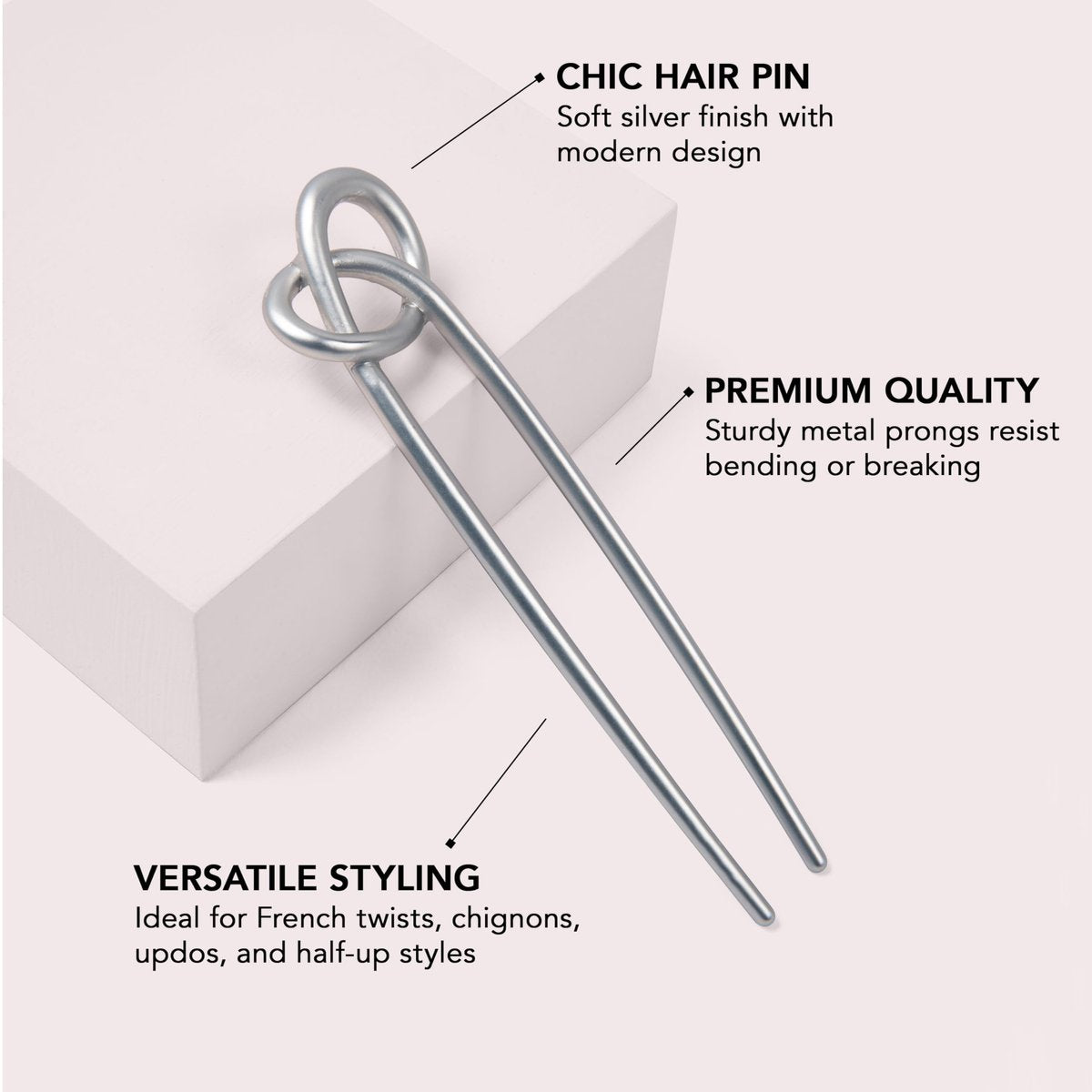 The Hair Edit Knotted Chignon French Hair Pin – Elegant Soft Silver Metal Hair Accessory for Buns, French Twists & Updos, Lightweight Pin for Effortless Everyday Style Avelisse