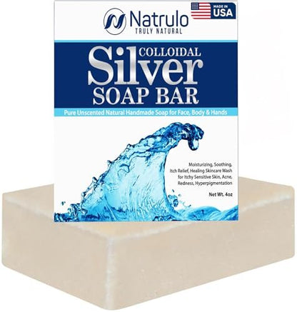 Natrulo Colloidal Silver Soap Bar – Unscented 4oz Handmade Natural Cleanser for Face, Body & Hands, Moisturizing Itch Relief Wash for Sensitive Skin, Acne, Hyperpigmentation