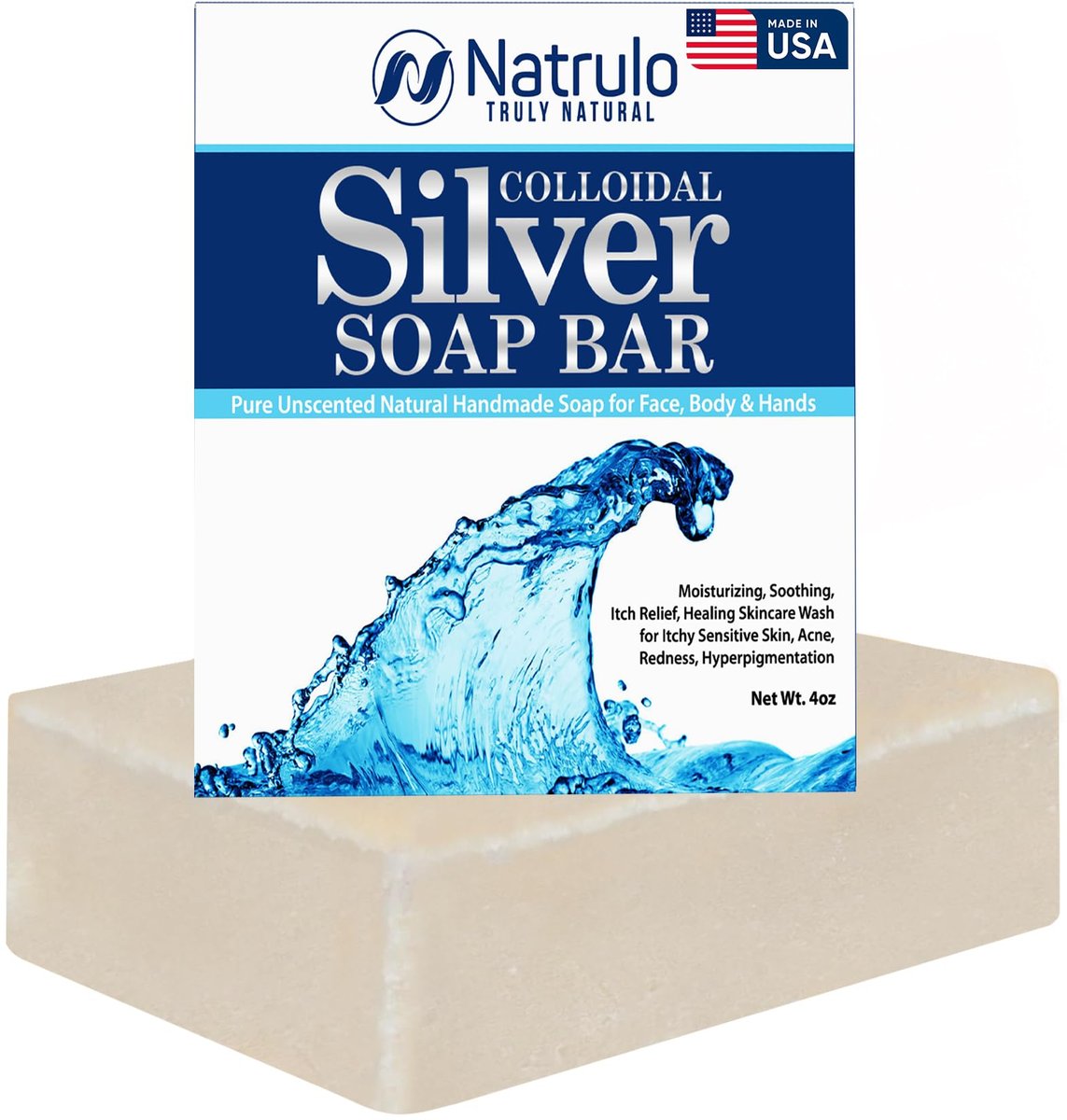 Natrulo Colloidal Silver Soap Bar – Unscented 4oz Handmade Natural Cleanser for Face, Body & Hands, Moisturizing Itch Relief Wash for Sensitive Skin, Acne, Hyperpigmentation - görsel 1