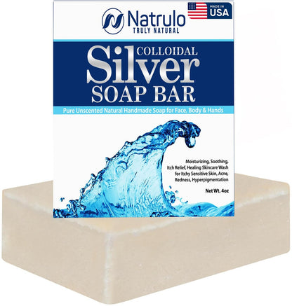 Natrulo Colloidal Silver Soap Bar – Unscented 4oz Handmade Natural Cleanser for Face, Body & Hands, Moisturizing Itch Relief Wash for Sensitive Skin, Acne, Hyperpigmentation