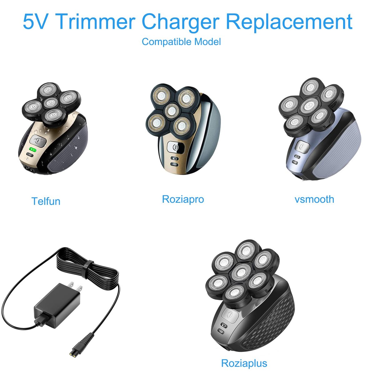 vhbw 5V Power Cord Replacement for Freebird FlexSeries, Telfun, Roziapro, vsmooth, Roziaplus Electric Head & Body Hair Shaver Charger Avelisse