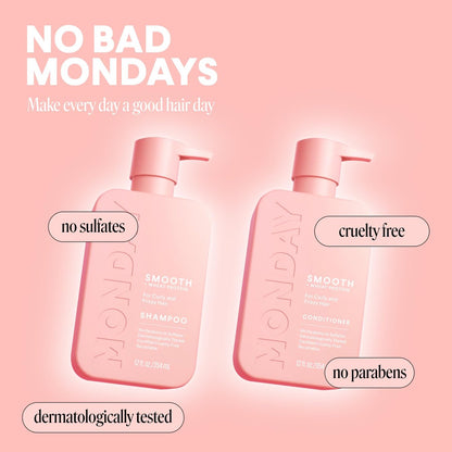 MONDAY HAIRCARE Smooth Shampoo + Conditioner Set for Frizzy, Coarse & Curly Hair | 12 oz Each | Coconut Oil, Shea Butter & Vitamin E | 100% Recyclable Bottles